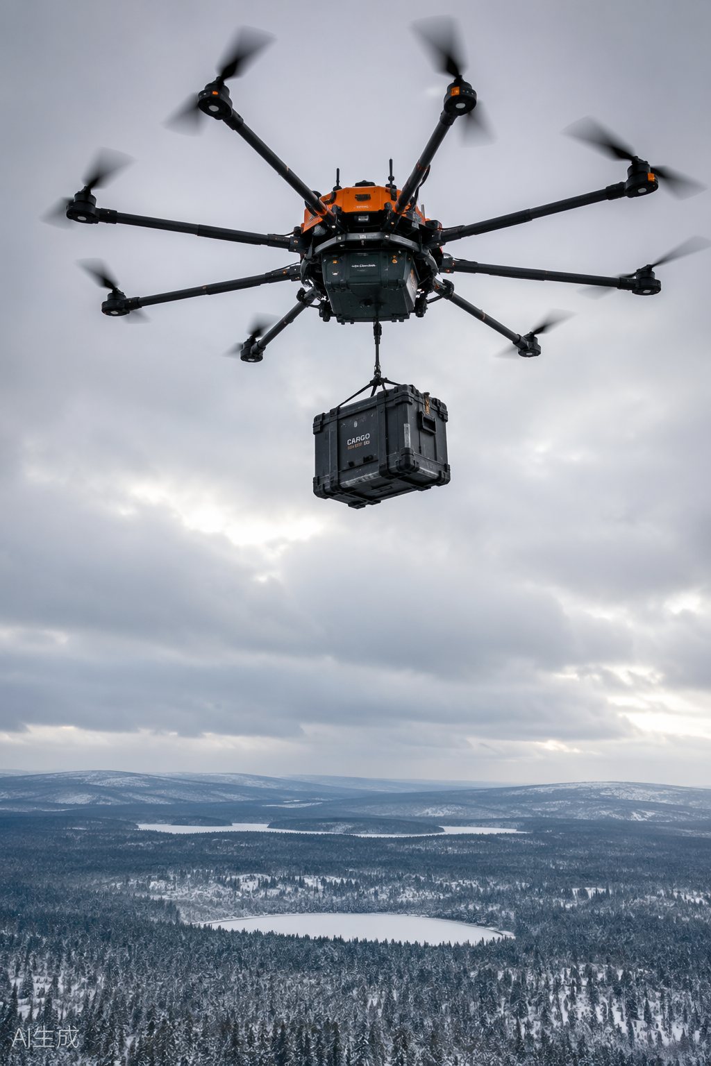 Heavy-lift drone climbing into the sky with a cargo crate on a tether