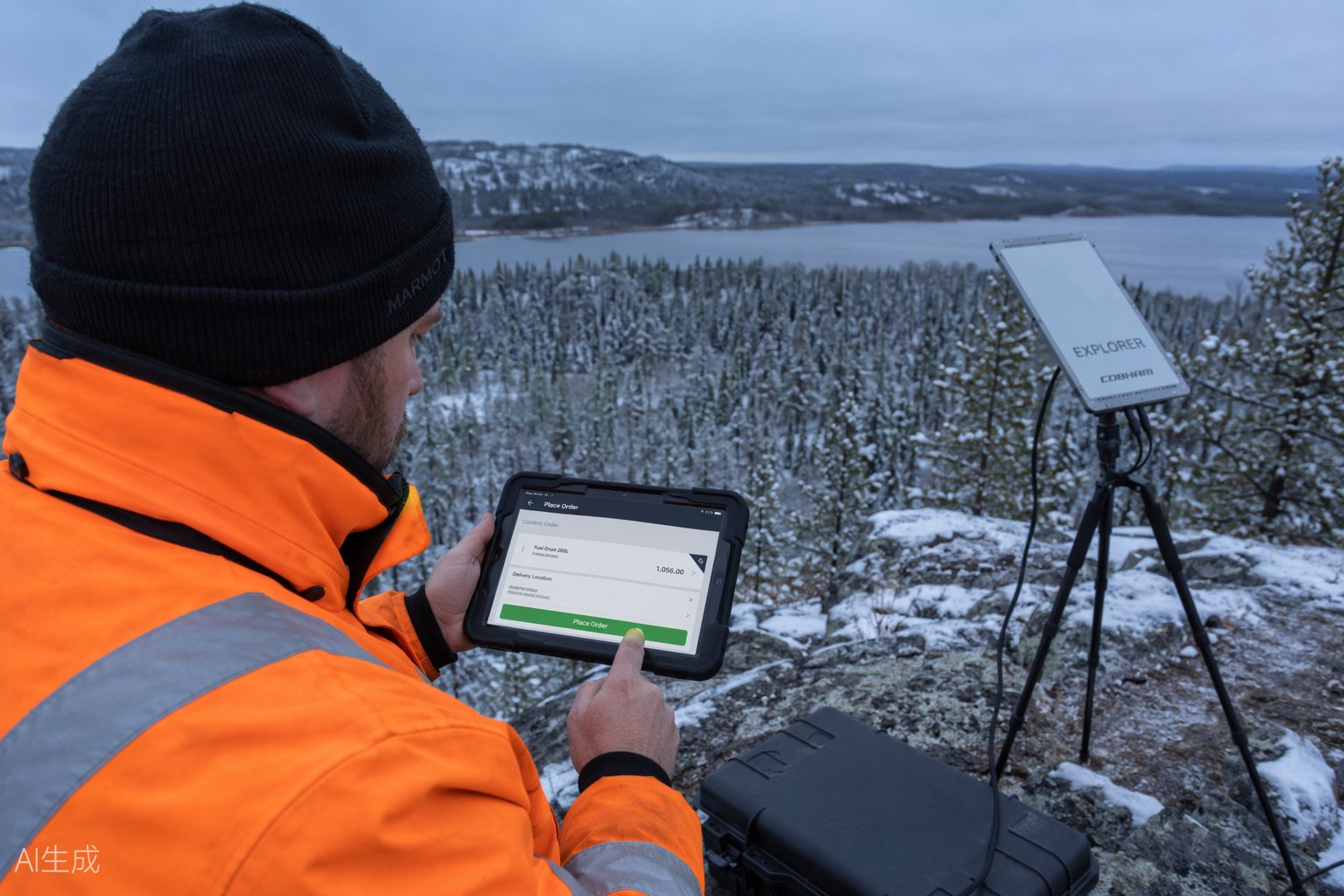 Field technician placing an order on a rugged tablet connected to a portable satellite terminal