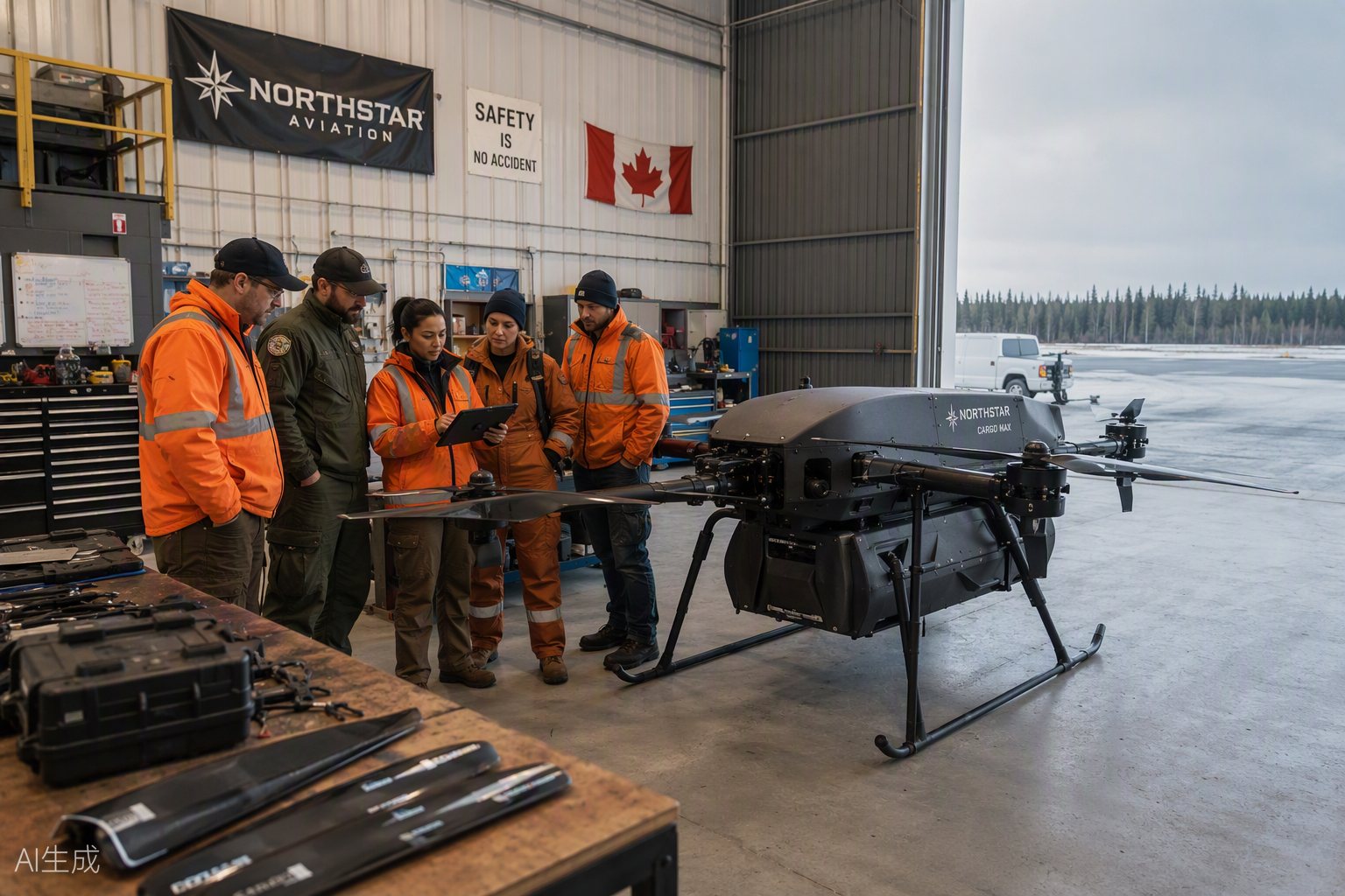 HLD Canada operations crew reviewing flight plans around a heavy-lift drone in a northern hangar