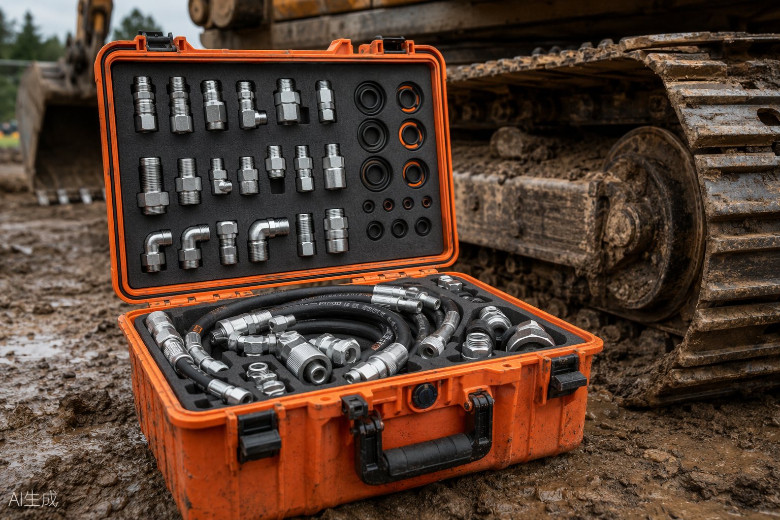 Hydraulic fittings and hose kit packed in a rugged orange field case