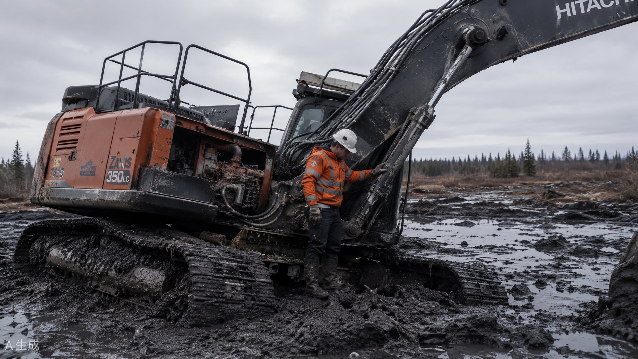 Operator inspecting a stalled excavator with a burst hydraulic line in remote muskeg