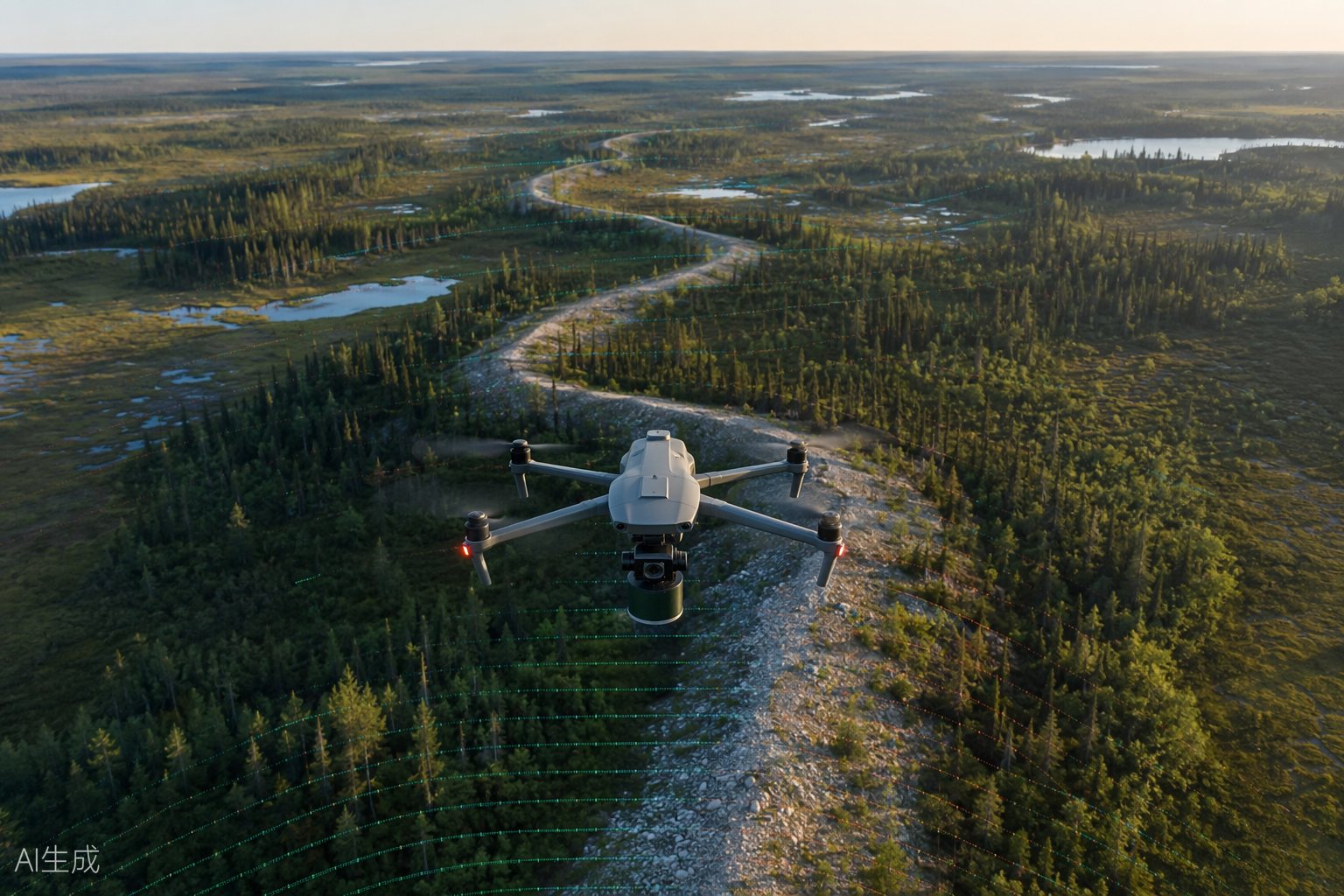 Survey drone flying a grid pattern over esker and muskeg