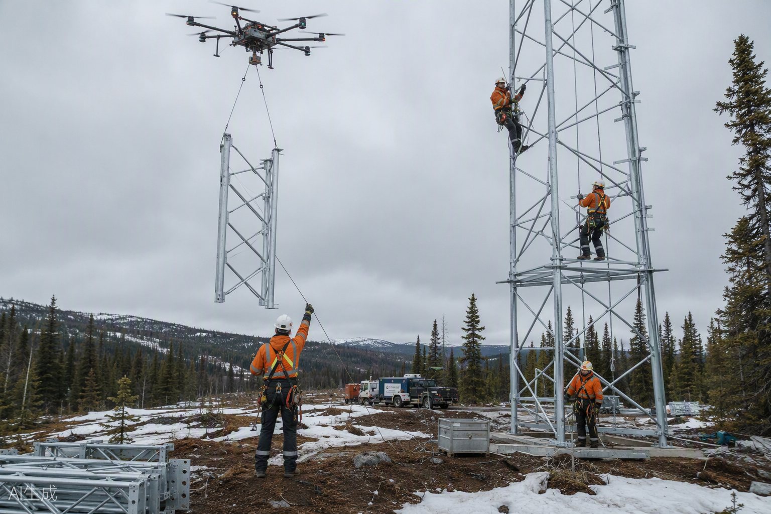Workers and a heavy-lift drone assembling a telecommunications tower in a northern clearing