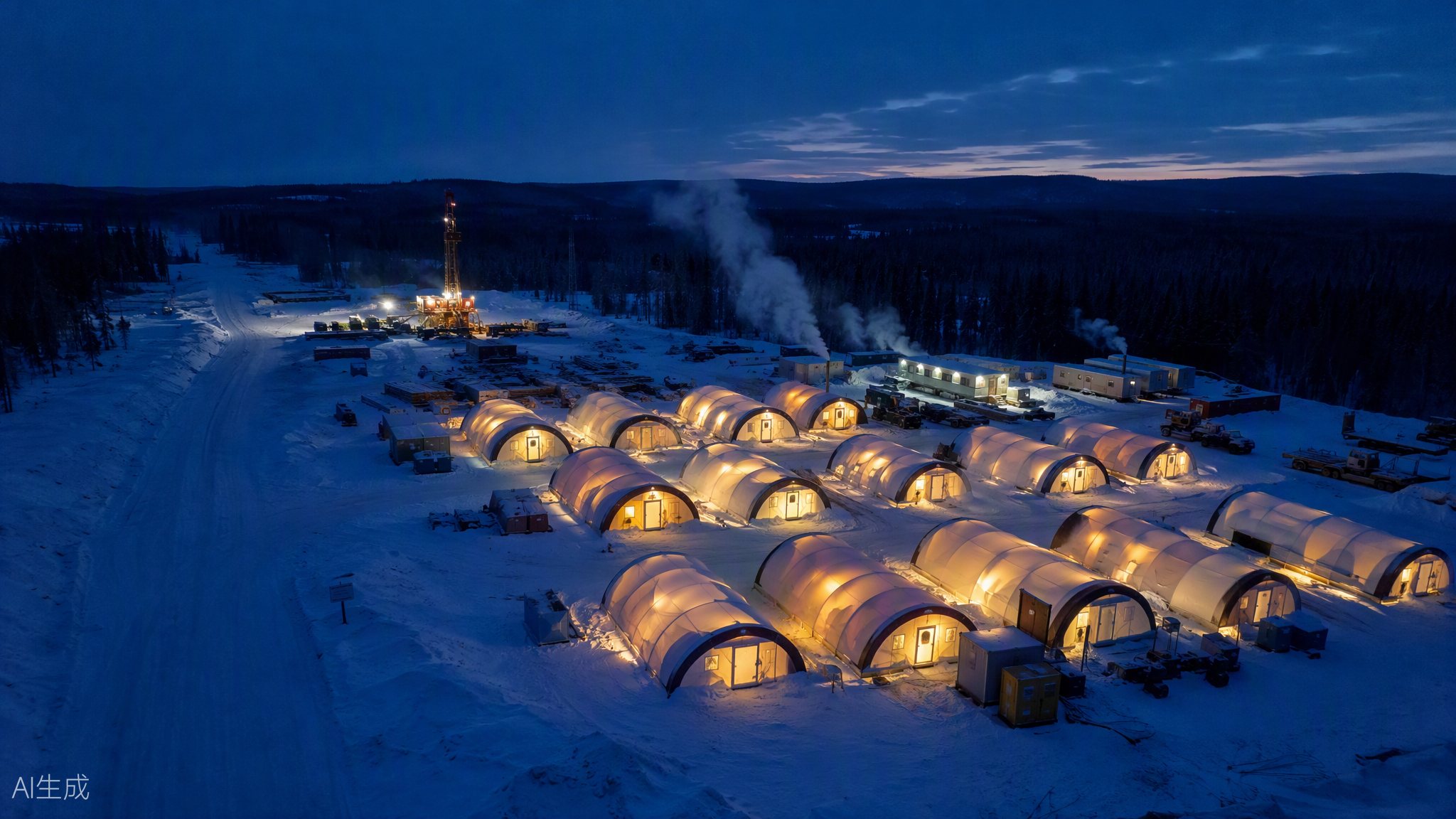 Winter exploration camp glowing at dusk in the James Bay Lowlands